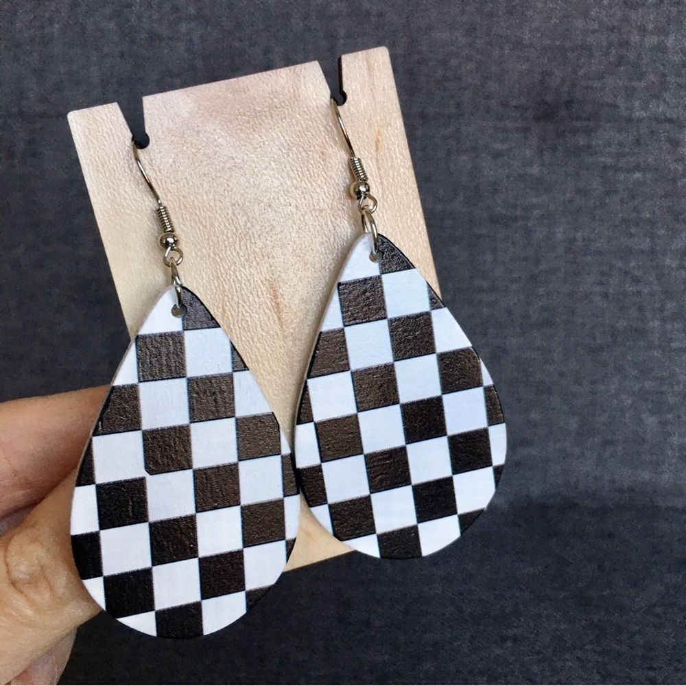 Checkerboard Teardrop Wood Dangle Earrings, Black, White